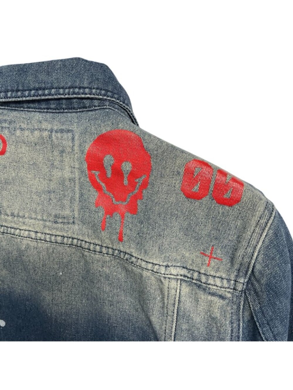 Reason Denim Jean Jacket Distressed Bleached Print Graphics Size Medium - Picture 6 of 9